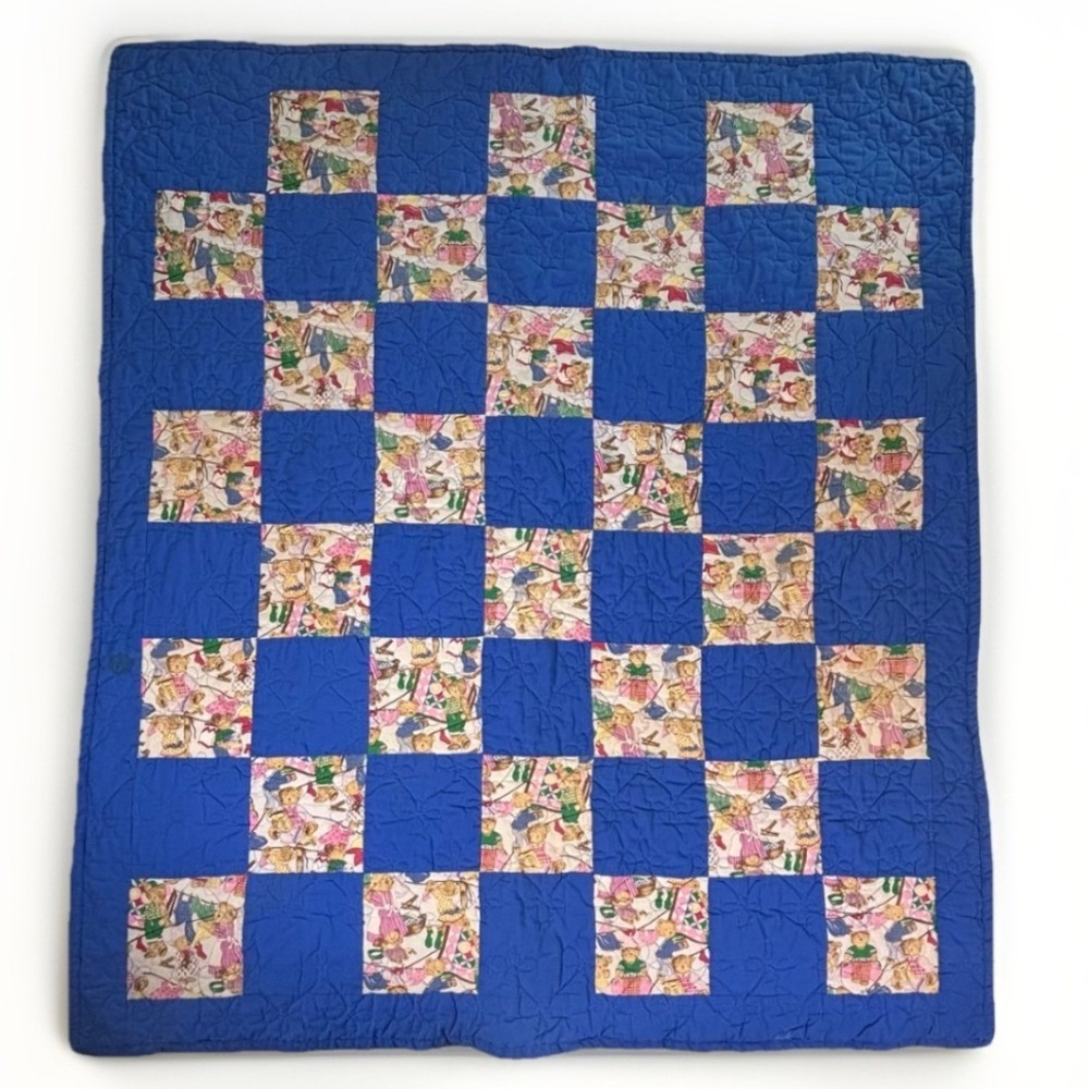 Handmade Teddy Bear Quilt Blue White Checkered Pattern‎ Toddler Baby Blanket